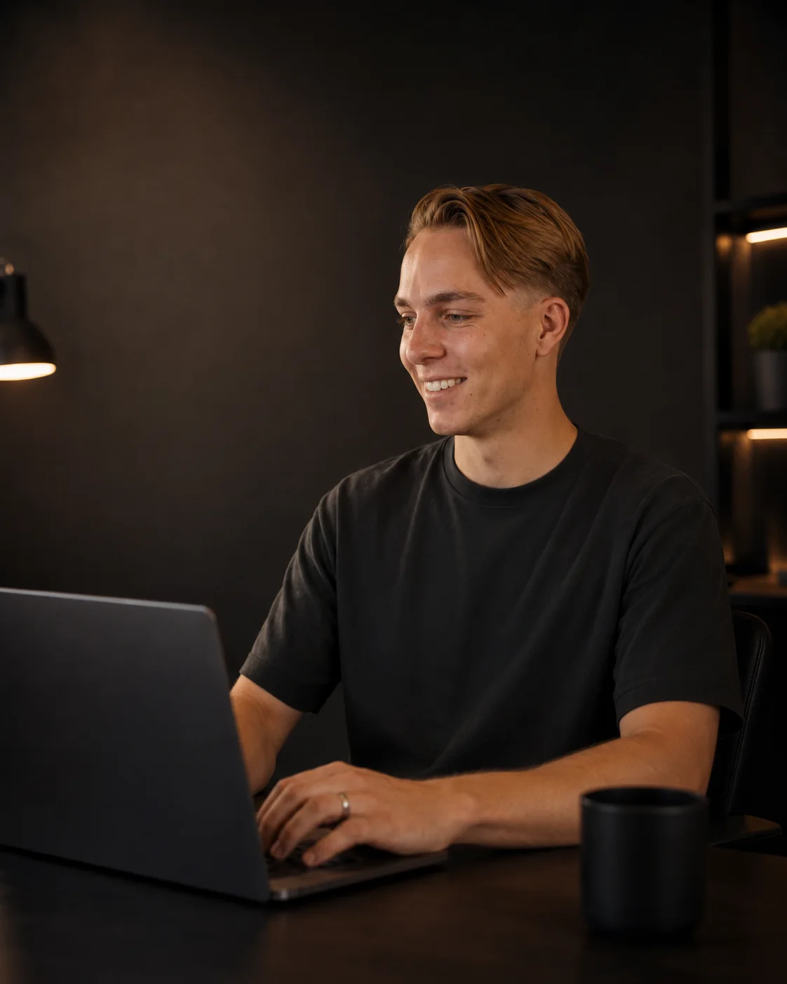 Levy Kuiper werkt achter zijn laptop aan een website voor Spiritual Design