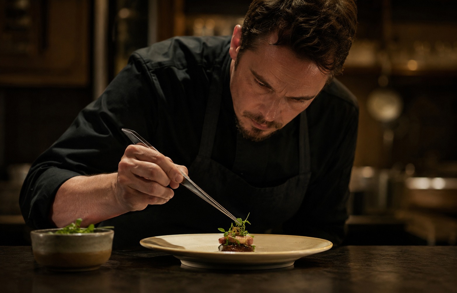 Chef die een gerecht afwerkt