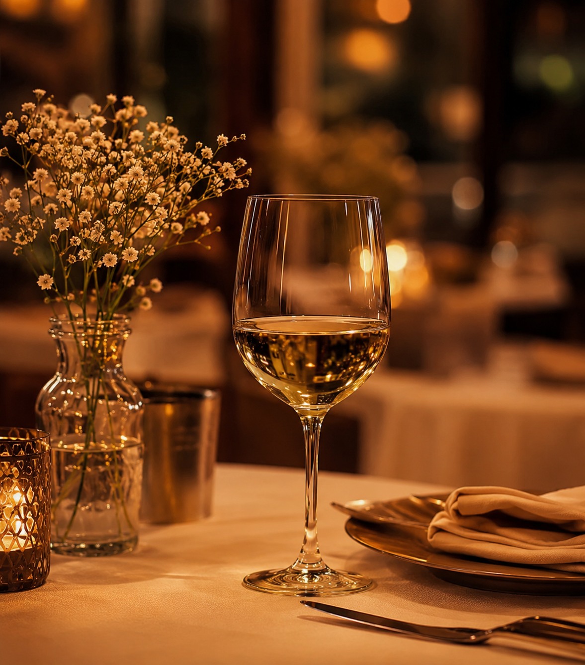Wijnglas op een restauranttafel